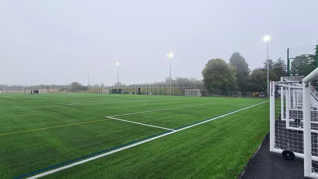 The artificial pitch at The Hayes, Wast Hills, under floodlights